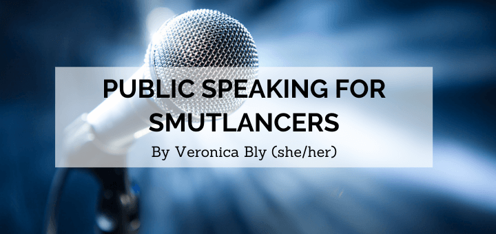 blog banner with microphone on blue background and title public speaking for smutlancers by Veronica Bly
