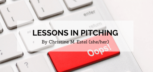 blog banner for lessons in pitching my christine m. estel (she/her) over image of white keyword with one red key that says oops!