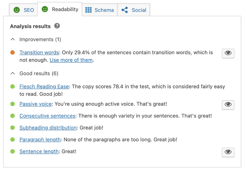 screenshot of Yoast readability tab in wordpress