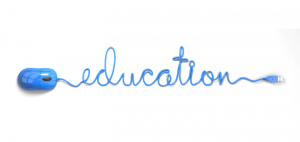 blue mouse with long cord spelling out the word education in cursive on white background as a concept for the education patreon offers