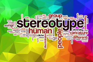 stereotype word cloud with rainbow prism background. Words include stereotype, human, people, group, caricature, and more